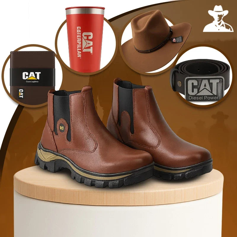 Bota Masculina Adventure em Couro Legítimo e Palmilha Ortopédica + BRINDES: Chapéu, Cinto, Carteira e Copo