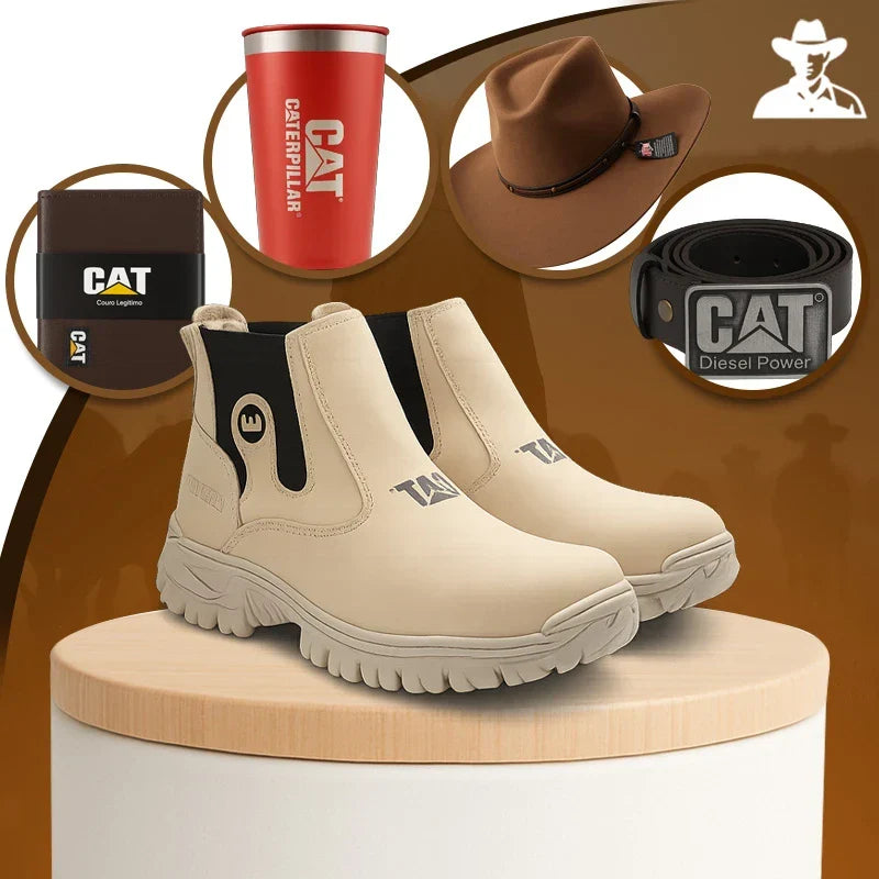 Bota Masculina Adventure em Couro Legítimo e Palmilha Ortopédica + BRINDES: Chapéu, Cinto, Carteira e Copo