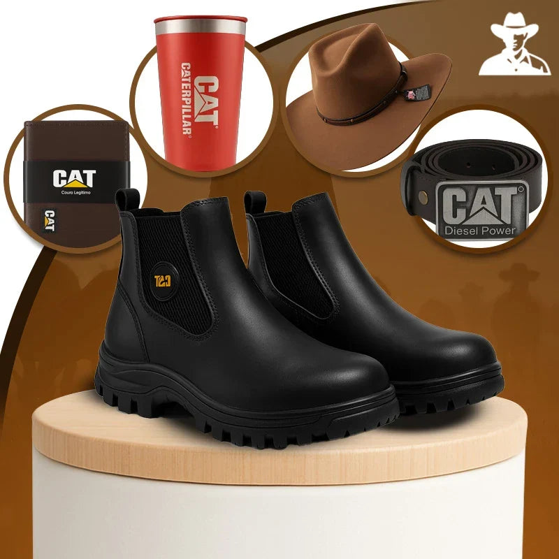 Bota Masculina Adventure em Couro Legítimo e Palmilha Ortopédica + BRINDES: Chapéu, Cinto, Carteira e Copo